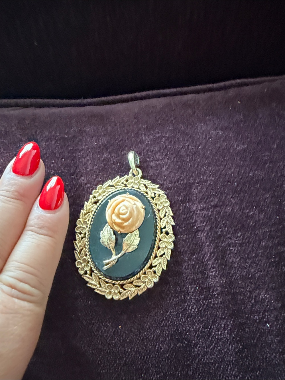 Gold-Tone Rose Cameo Pendant with Black Background